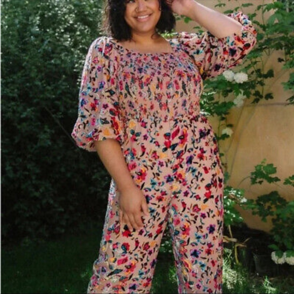 Ivy City Co Pink and Red Jumpsuit with Smocked Bodice and Wide-Leg Pants